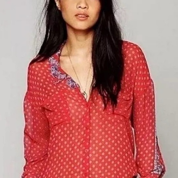 Free People FP Easy Rider Anthropologie Red Paisley Bandana Sheer Blouse Top - Picture 2 of 12